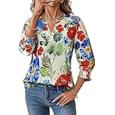 Dresswel Print Tops for Women Trendy 3/4 Length Sleeve Womens Blouses Dressy Casual V Neck Shirts with Smocked Cuffs