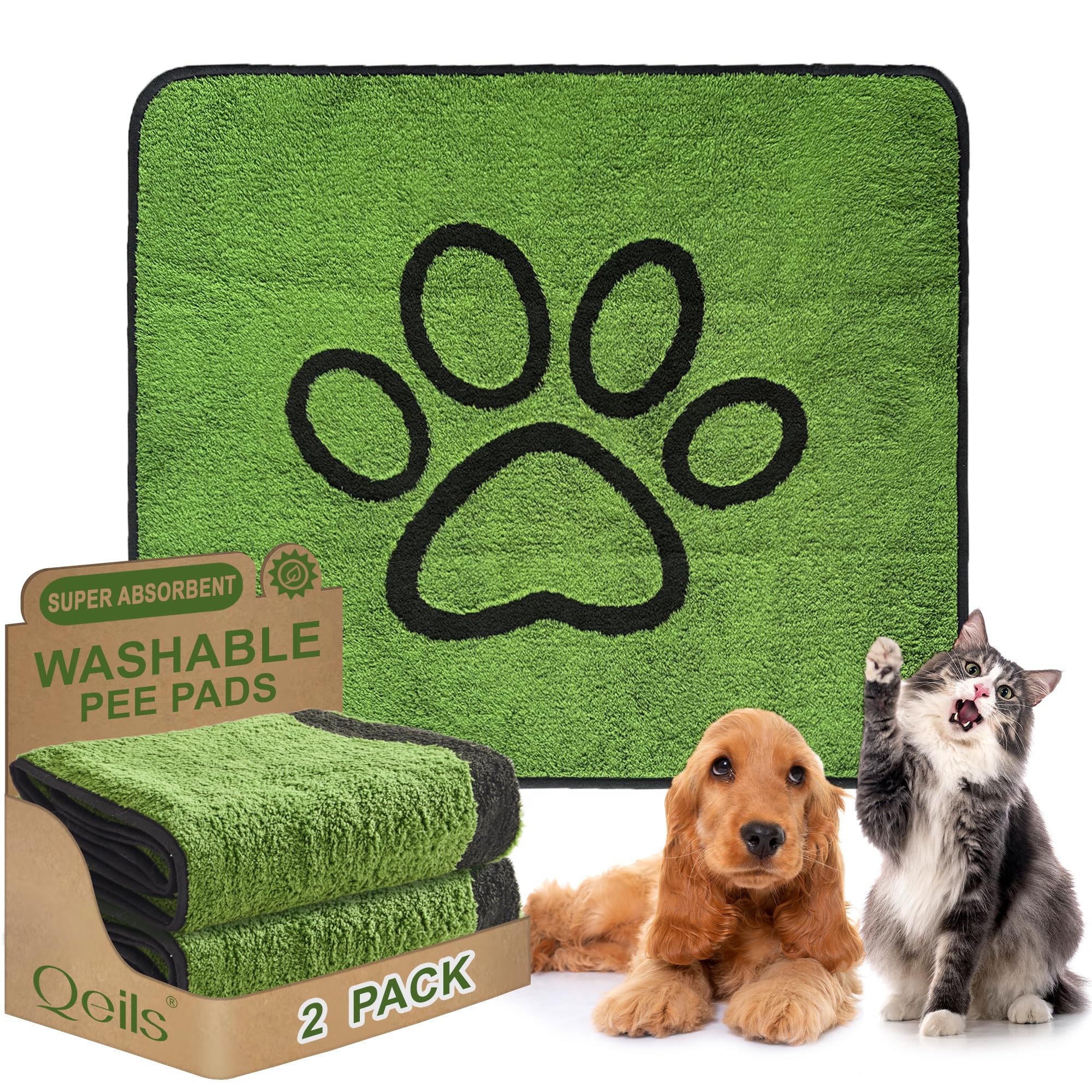 Photo 1 of Qeils Reusable Dog Pee Pads, 2 Pack Super Absorbent & Leakproof Washable Puppy Pads with Soft Green Top Layer, for Potty Training, Crates, Couch, Car Seats & Pet Beds, 31"x 36"
