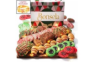 BONSELA Christmas Gift Baskets for Families, Festive Fruitcake & Christmas Cookies Set Holiday Cookies W Xmas Lights, Chocolate Linzer, Sprinkles, Candy, Raspberry Jam & more 50oz Kosher Fresh Baked
