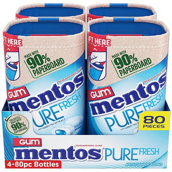 MENTOS PURE FRESH SUGAR-FREE CHEWING GUM WITH XYLITOL, FRESH MINT FLAVOR, EASTER BASKET ESSENTIALS STUFFERS FOR KIDS AND ADULTS, 90% RECYCLABLE PAPERBOARD BOTTLE, 80 PIECES (4-PACK)