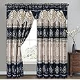 GOHD Harmony Horizon. Jacquard Farmhouse Window Curtain Panel Drape with Attached Fancy Valance. 2pcs Set. Each pc 54" Wide x 90" Drop with 18" Valance. (Navy Blue)