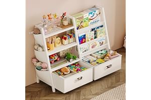 Homeiju Kids Bookshelf and Toy Storage Organizer, 3 Tier Kids Bookcase, Sling Bookshelf and 2 Toy Bins with Toy Storage Organizer for Children Room, Playroom, Nursery, White