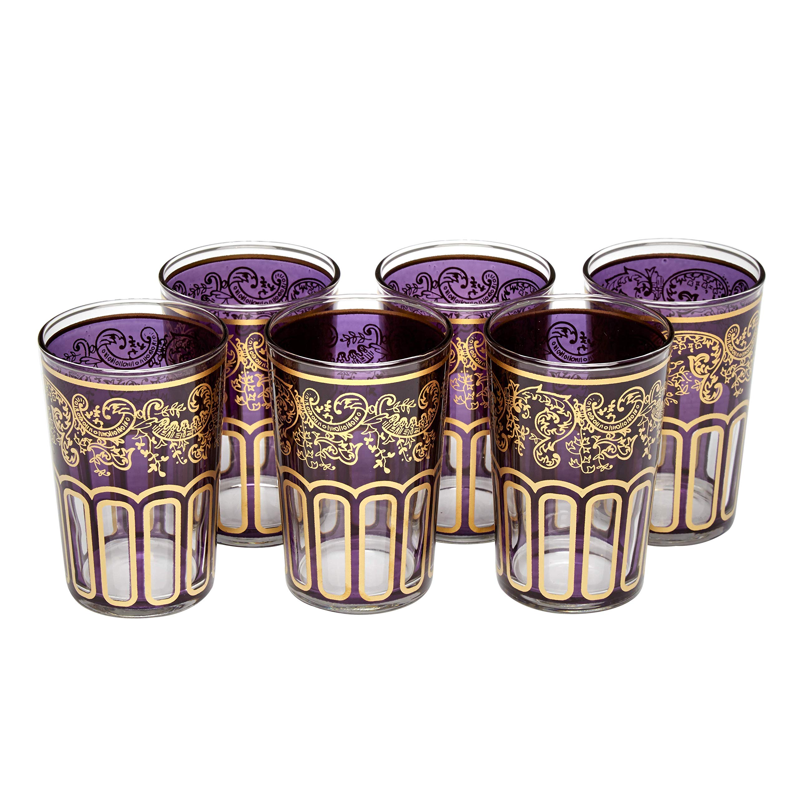 Moroccan Tea Glasses with a Beautiful Classical Moroccan Design Painted and Decorated by Hand Pack of 6 (Purple)