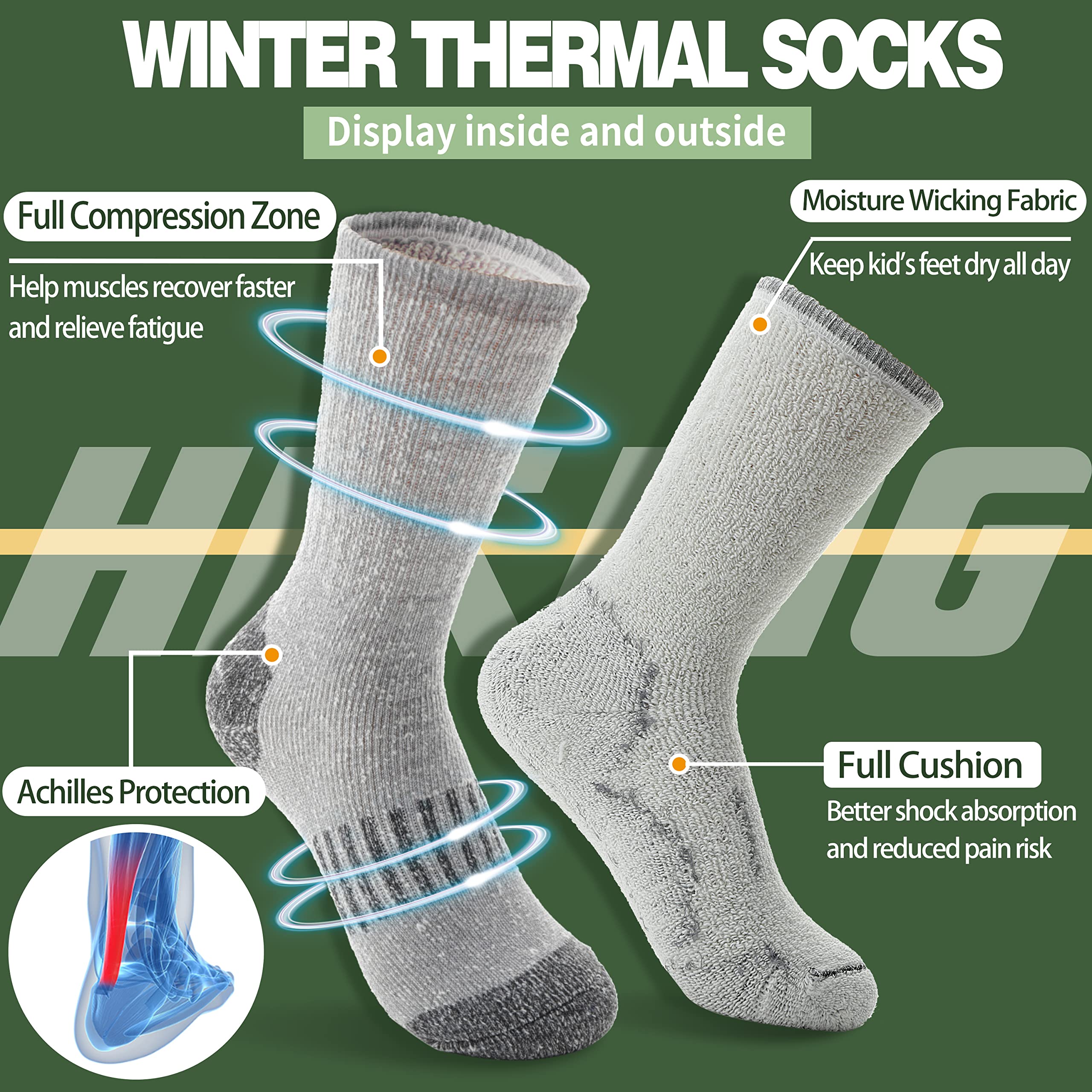 Sandsuced Kids Merino Wool Hiking Socks Girls Boys Toddler Winter Thermal Warm Cozy Boot Thick Cushion Socks 4 Pairs