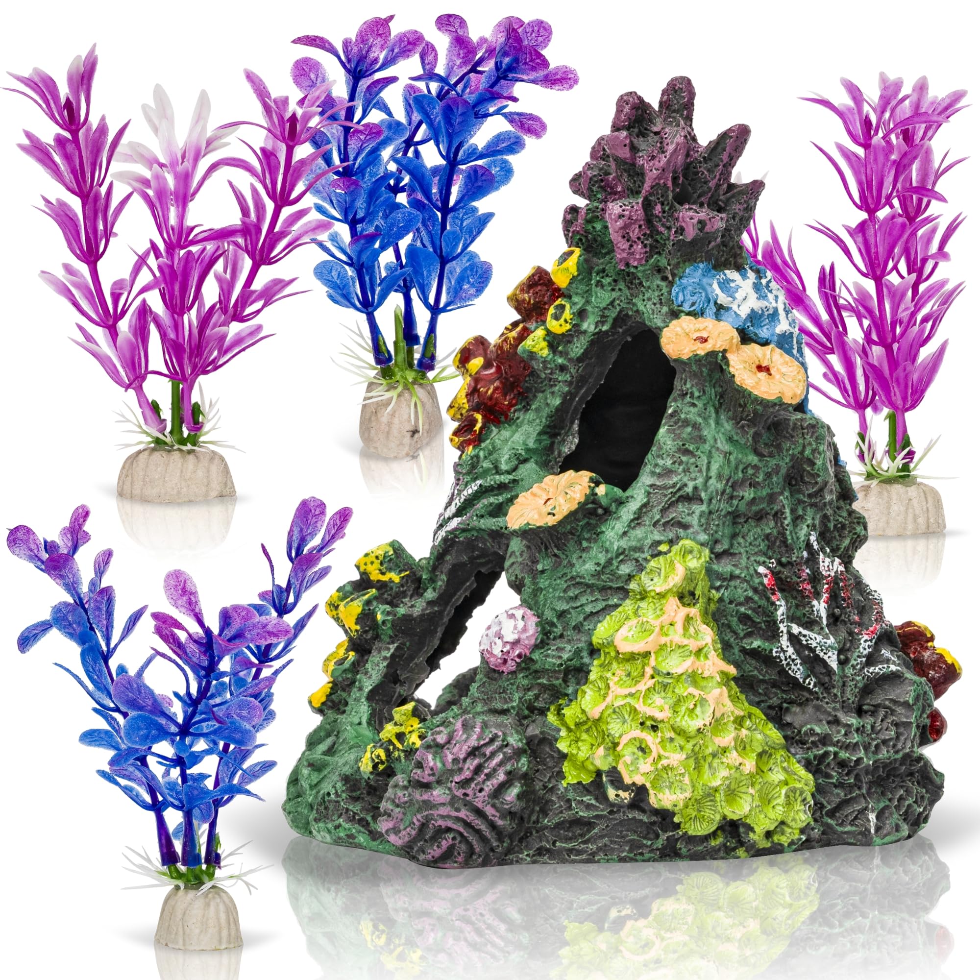 M PELOSA Fish Tank Accessories – Faux Coral Rock Formation and 4 Plastic Plants – Colourful – Non-Toxic – Safe for Fish – Easy to Clean Fish Tank Decorations (1, Oval)