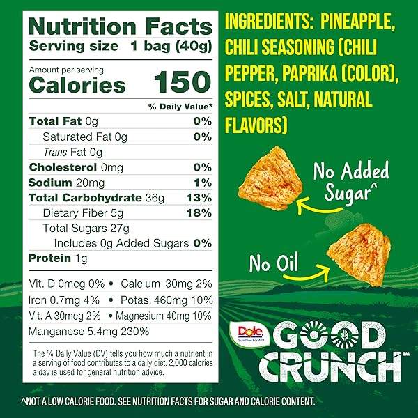 DOLE GOOD CRUNCH PINEAPPLE WITH CHILI DRIED FRUIT BITES, GLUTEN FREE & VEGAN SNACK, 1.4OZ BAG