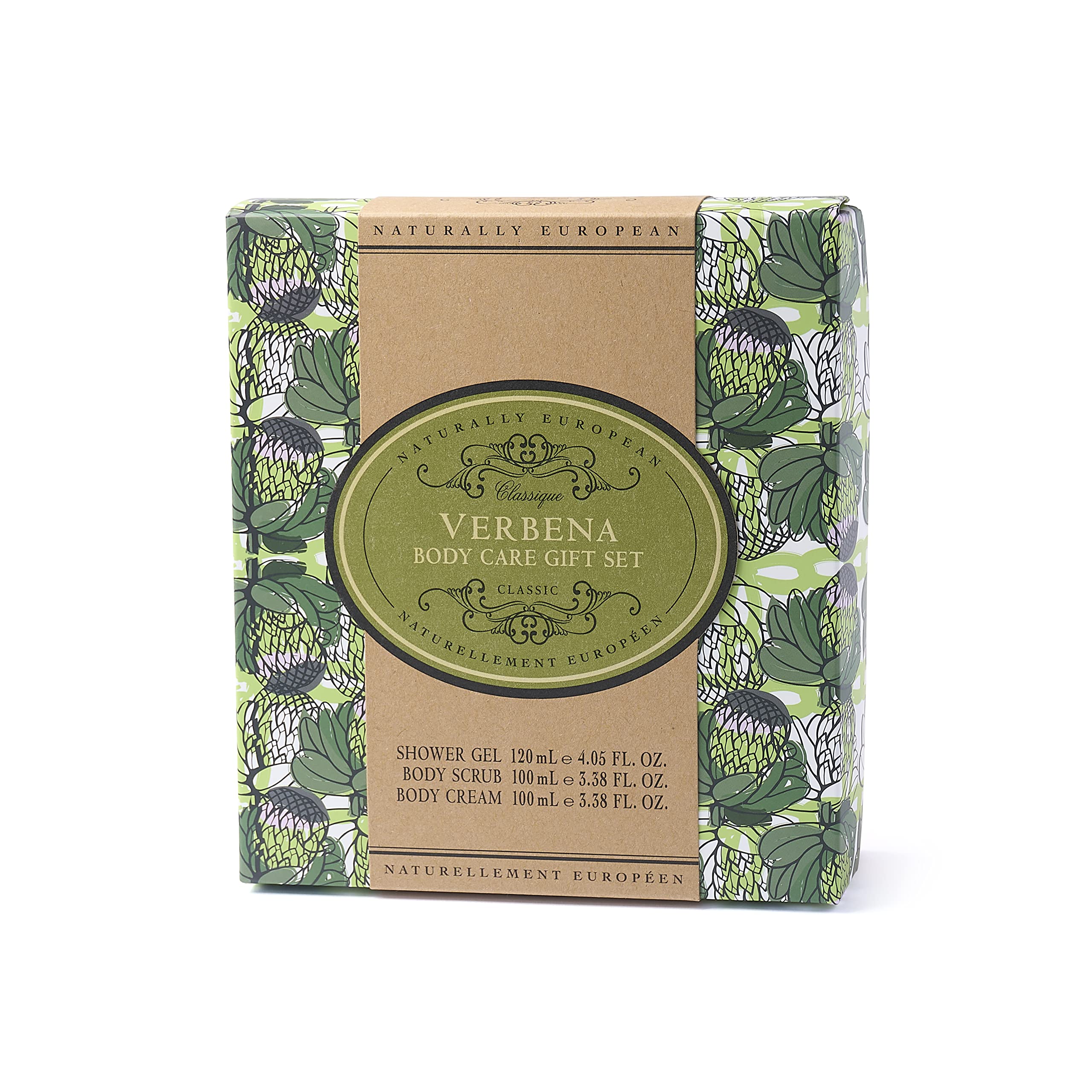 Naturally European Verbena Body Care Gift Set, Nourishes and Protects All Skin Types, Includes Shower Gel 120ml, Body Scrub 100ml and Body Cream 100ml