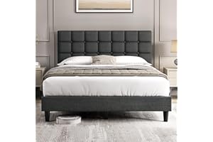 Yaheetech Upholstered Bed Frame, Modern Queen Bed Platform with Square Stitched&Button Tufting Headboard Height Adjustable, Wooden Slats Support, No Box Spring Needed, Queen Size, Dark Grey
