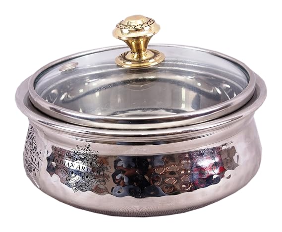 Indian Art Villa Stainless Steel Hammered Dish Serving Handi with Glass Lid, 350ml