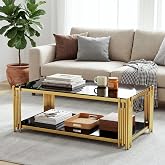 Black Glass Coffee Table 43" Modern Living Room Table Gold Stainless Steel Metal Leg Rectangular Tempered Glass Luxury Center Tables for Home Office