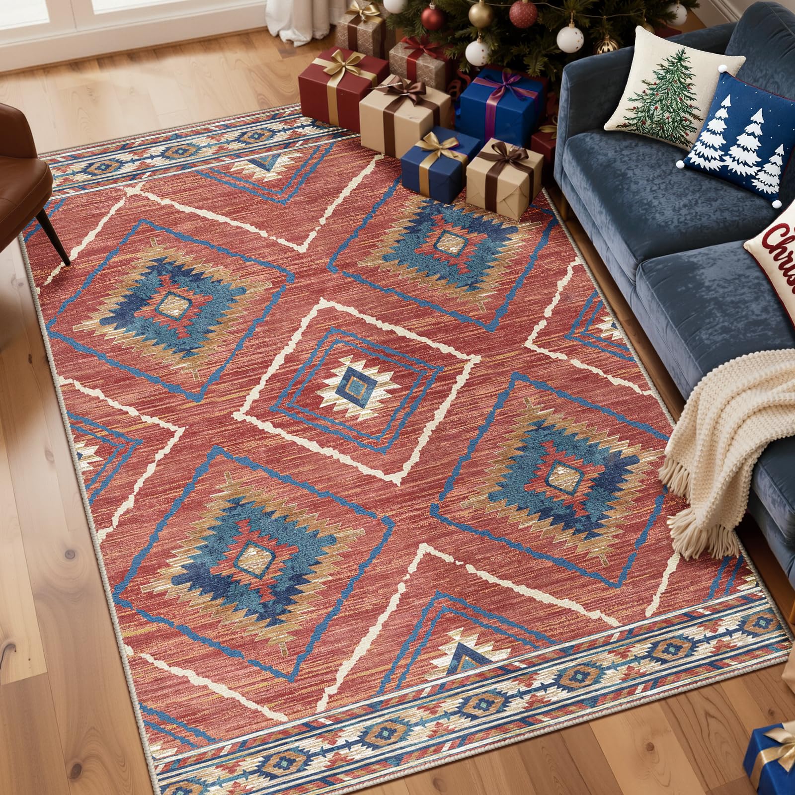 Photo 1 of Area Rug 5x7 Rug Machine Washable Non-Slip Low Pile Print Pattern Western Rug for Living Room Bedroom Entryway Tribal Series -Red/Orange