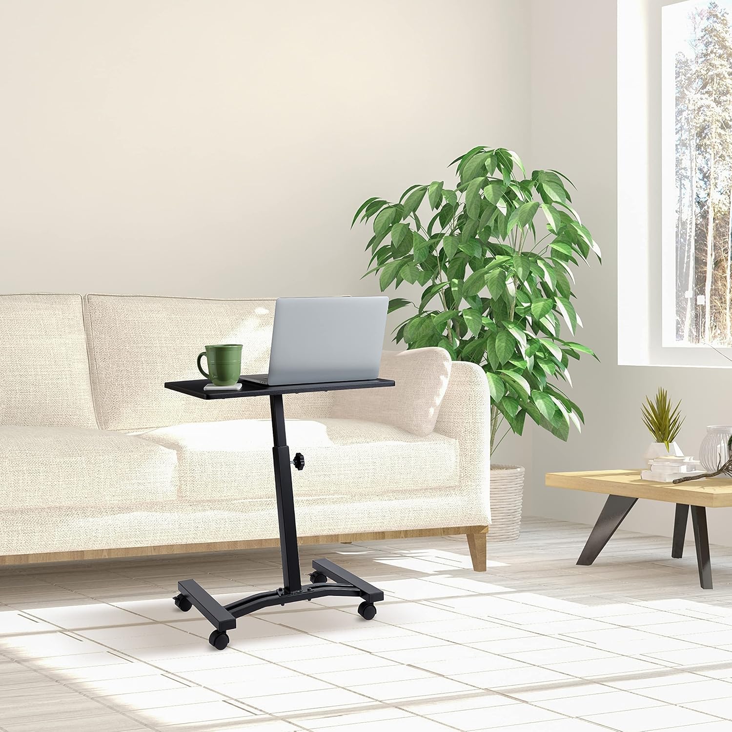 Seville Classics Height Adjustable Sitting Mobile Laptop Desk Cart Ergonomic Table, Flat (23.6"), Black: Furniture & Decor