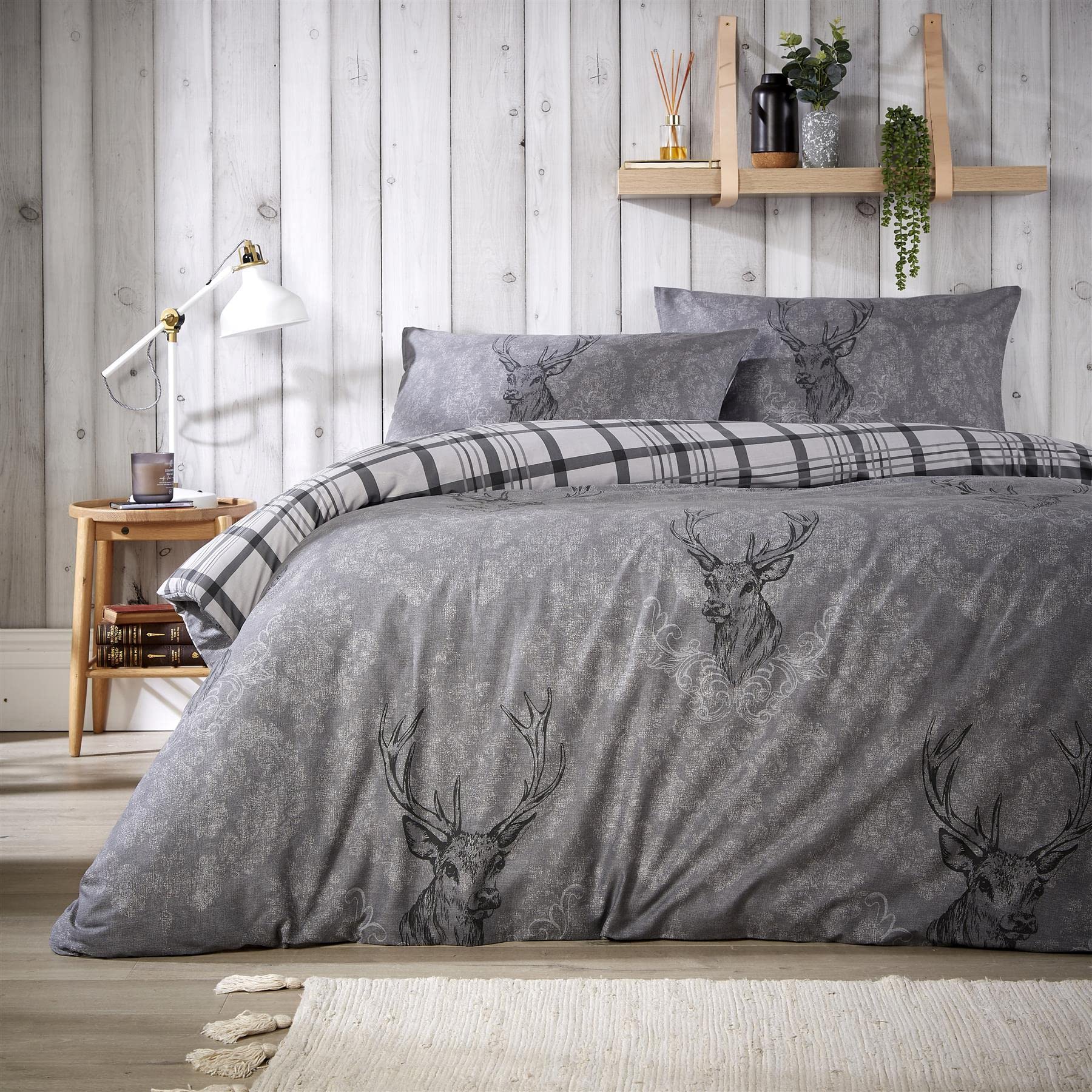 Olivia Rocco Stag Duvet Cover Set Cosy Highland Cotton Rich Quilt Covers Reversible Check Premium Bedding Bed Linen Sets, Single Grey