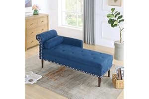 TEFUNE Chaise Lounge Chair, Velvet Upholstered Lounge Chair for Living Room, Indoor Lounge Chair with Armrests and Backrest, Suitable for Adults and Children (linen, Blue)