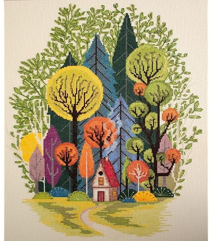 ヨーロッパ式刺繍絵タペストリー: A Cottage in the Forest Amazon.com: Wizardi Colorful Cottage Abris Art Cross-Stitch Kit