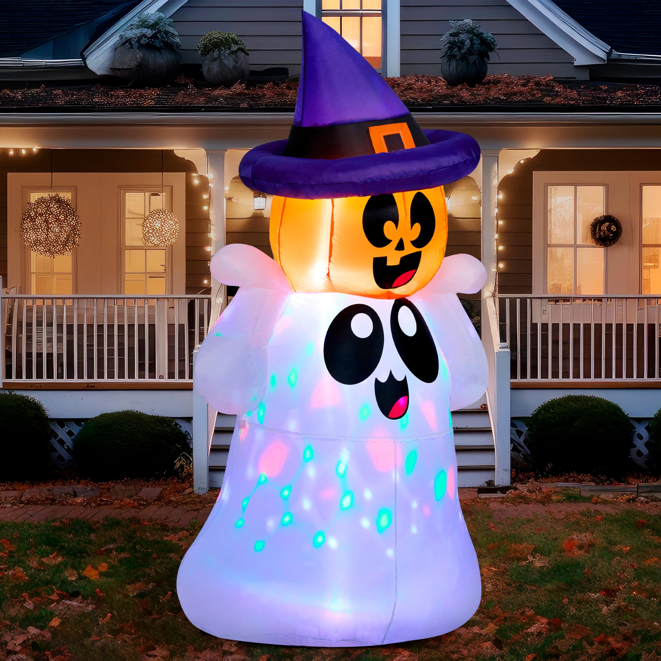 Photo 1 of Joiedomi 5 FT Tall Halloween Inflatable Outdoor Decor, Blow Up Yard Decoration Ghost with Colorful LEDs, Inflatable Ghost with Pumpkin Witch Hat for Halloween Outdoor Decoration