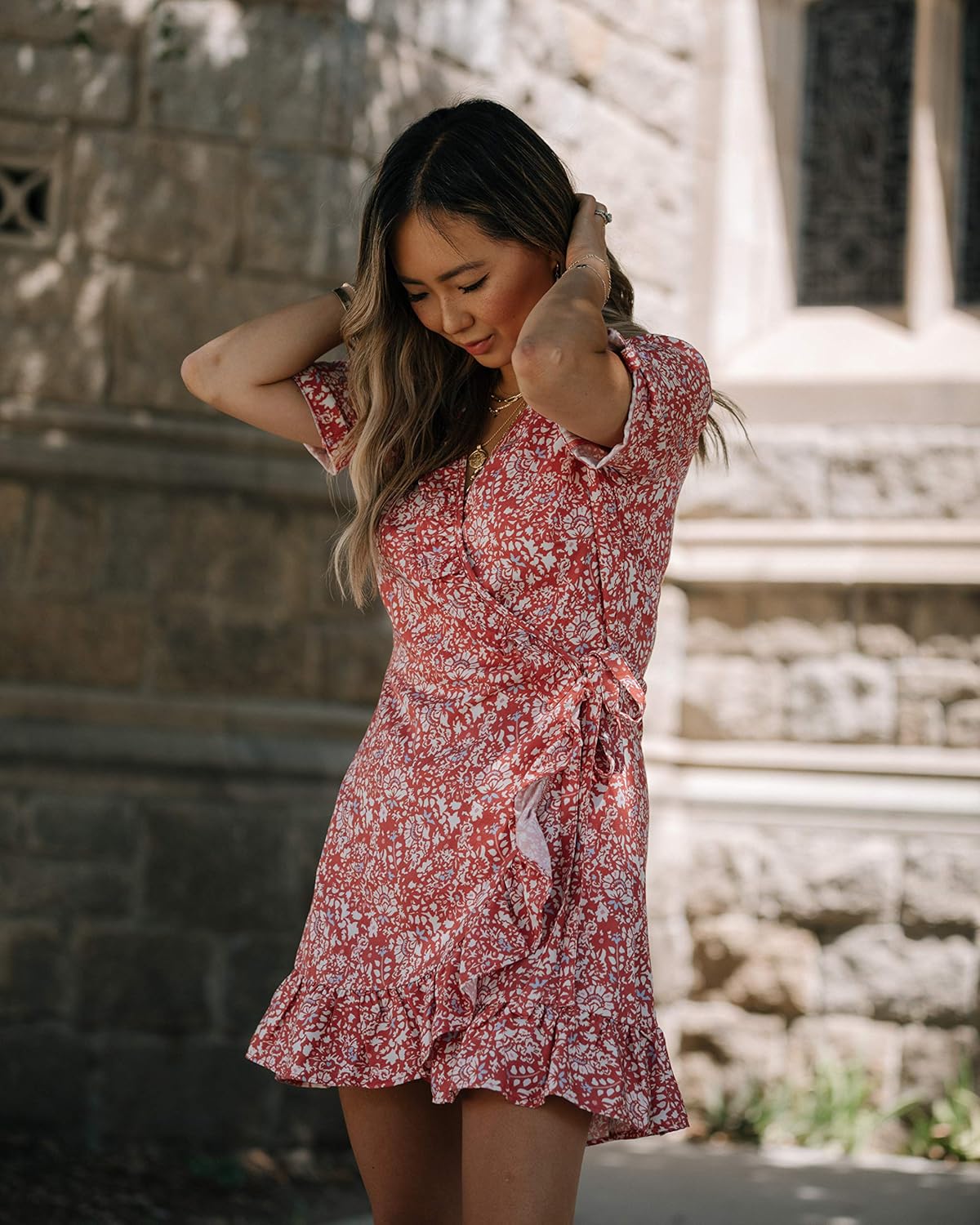 red ruffle wrap dress