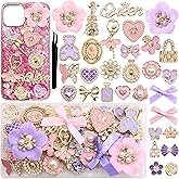 BELICEY Junk Case Charms Kit Elegant Bow Flower Charm for Junk Cases Pink Purple Heart Butterfly Phone Case Charms 3D Gold Bear for Customizing DIY Craft
