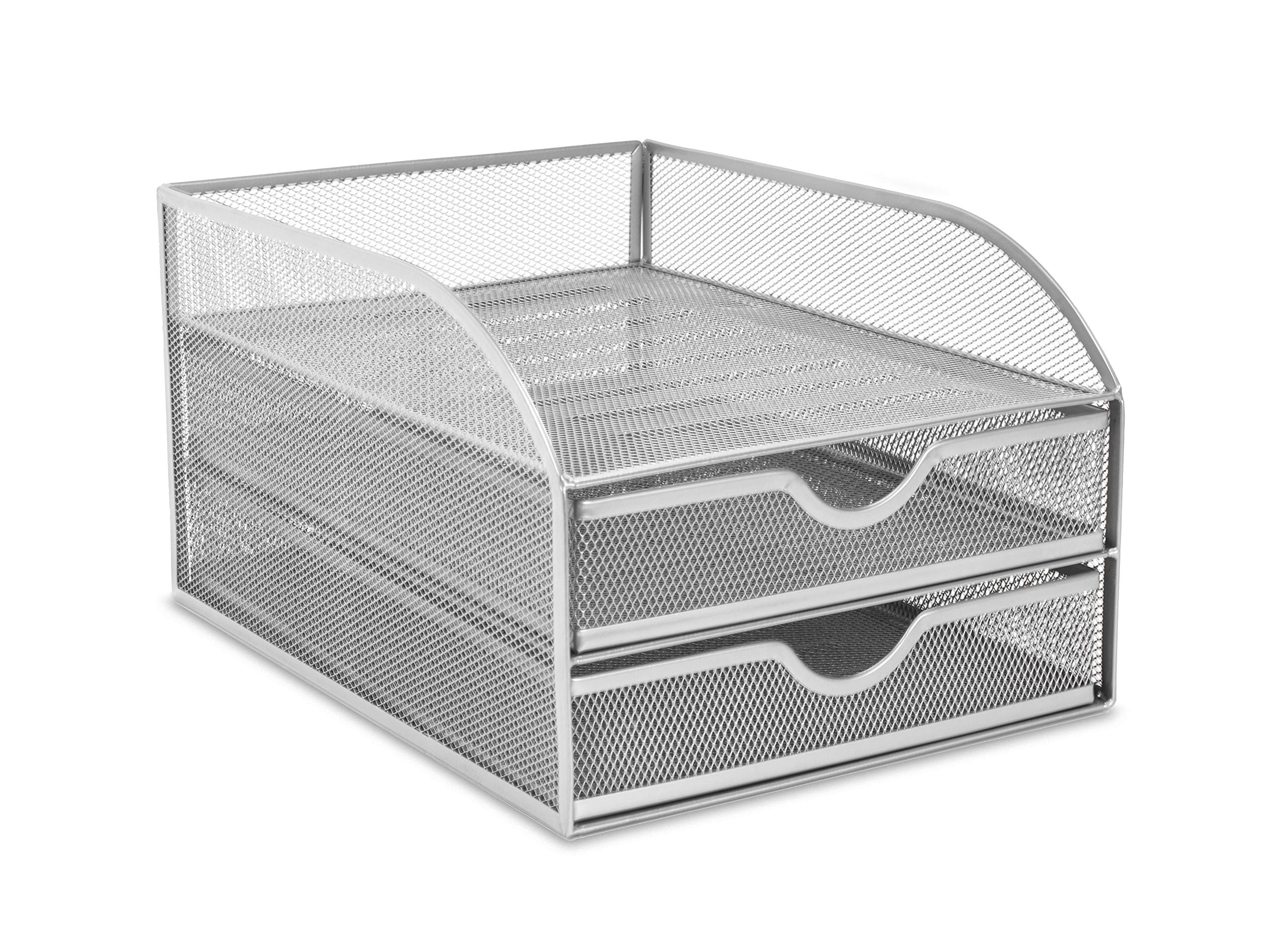OSCO Wiremesh 2 Drawer A4 Desktop Paper Sorter with Letter Tray, Metal Mesh Document File Holder & Desk Organiser, Home Office Desk Tidy, Compact Document Storage, Silver (H18.5 × W25.5 × D34.5cm)