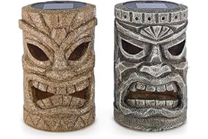 VP Home Set of 2 Solar Tiki Torches for Outside Patio Decor - Tiki Head Solar Lights with Flickering Flame Effect - 4x4x6.25 Inch Polyresin Decor for Garden, Lawn or Tiki Bar - Brown and Gray