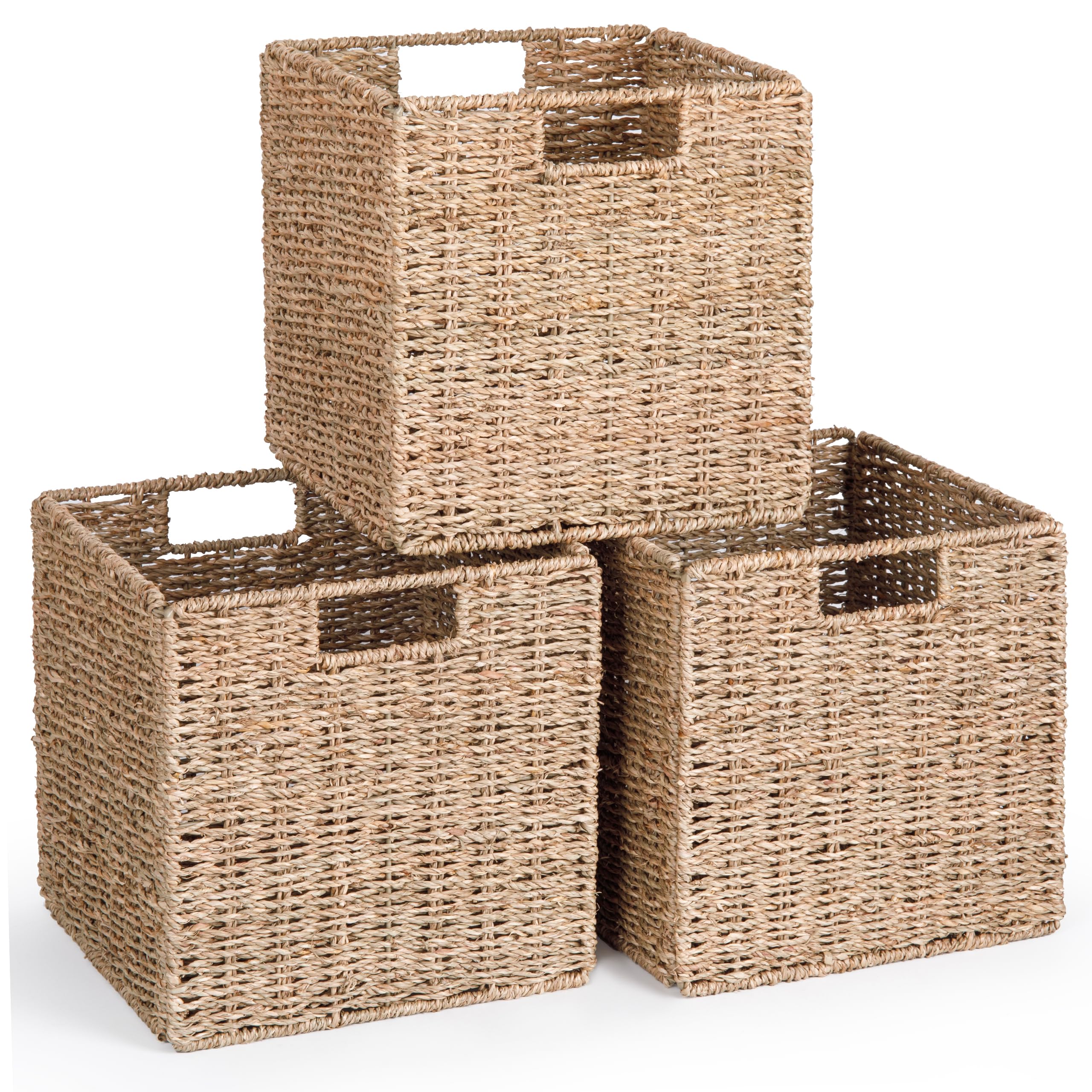 Photo 1 of 10.5 x 10.5in Cube Seagrass Storage Baskets, Foldable Square Wicker Storage Baskets for Shelves Set of 3, Large Cubby Rattan Basket, Collapsible Cube Storage Bins