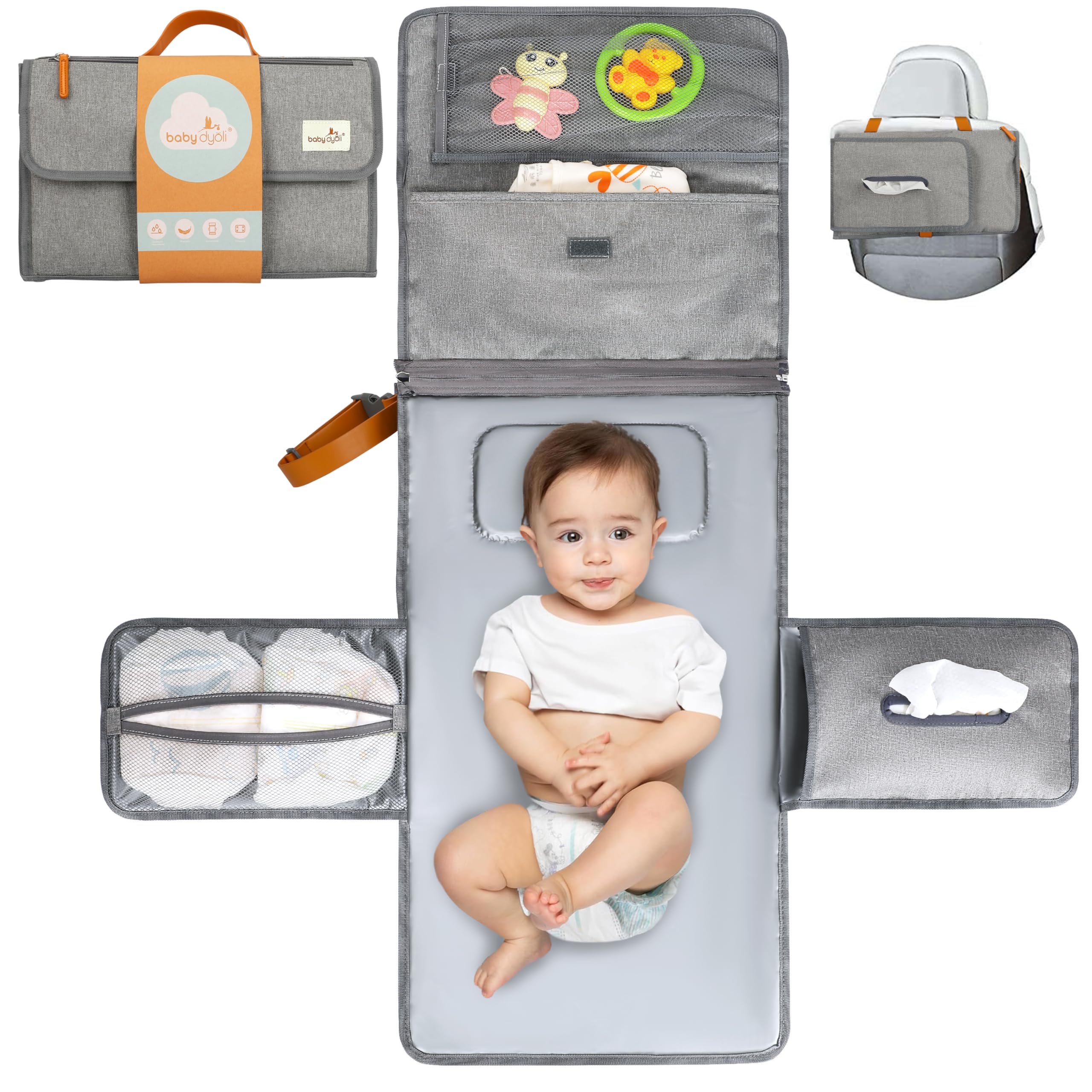 XL Portable Baby Changing Mat The Nappy Changing Pad is a Detachable Bag with 6 Pockets as a Baby Items Toiletry Bag Waterproof Foldable Changing Mat Gift for Newborn (Pack Normal (Gris))