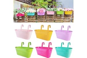 LaLaGreen Rail Planter Outdoor Plants (11.2 Inch, 6 Pack) Colorful Metal Iron Strawberry Hanging Flower Pots Deck Railing, Fe