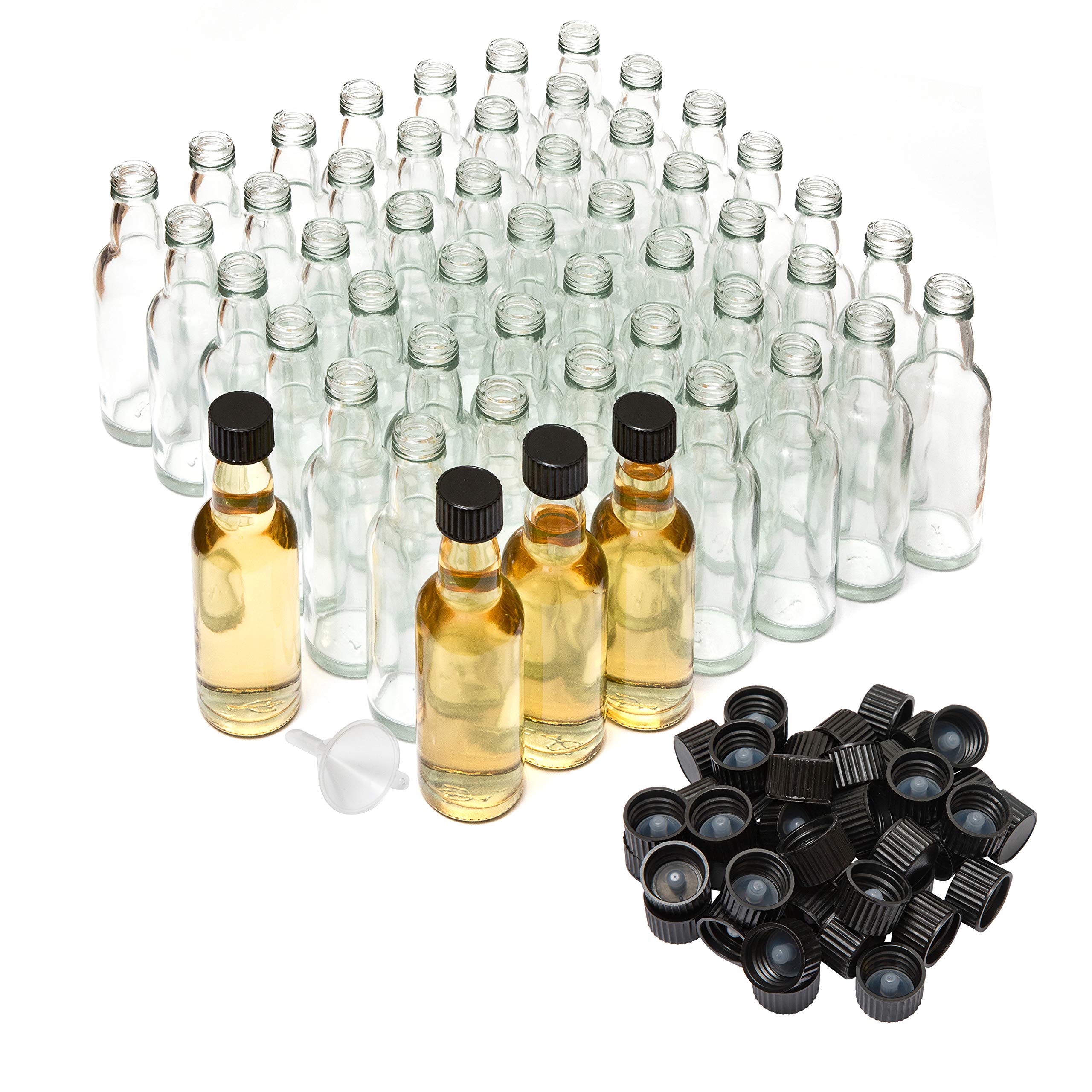 Better Bottles Mini Liquor Bottles with Lids and Funnel, 50 Pack, Small Reusable Glass Tasters for Spirit Samples, Essential Oils, or Party Favours, Empty and Refillable, Black Screw-On Top