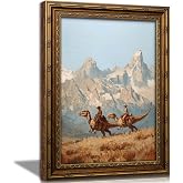 sezhylee Vintage Dinosaur Cowboy Wall Art Funny Western Jurassic Wall Decor | Vintage Gold Framed Wall Art Quirky Animal Painting Picture for Bedroom Living Room Boys Room Decor 9x11in