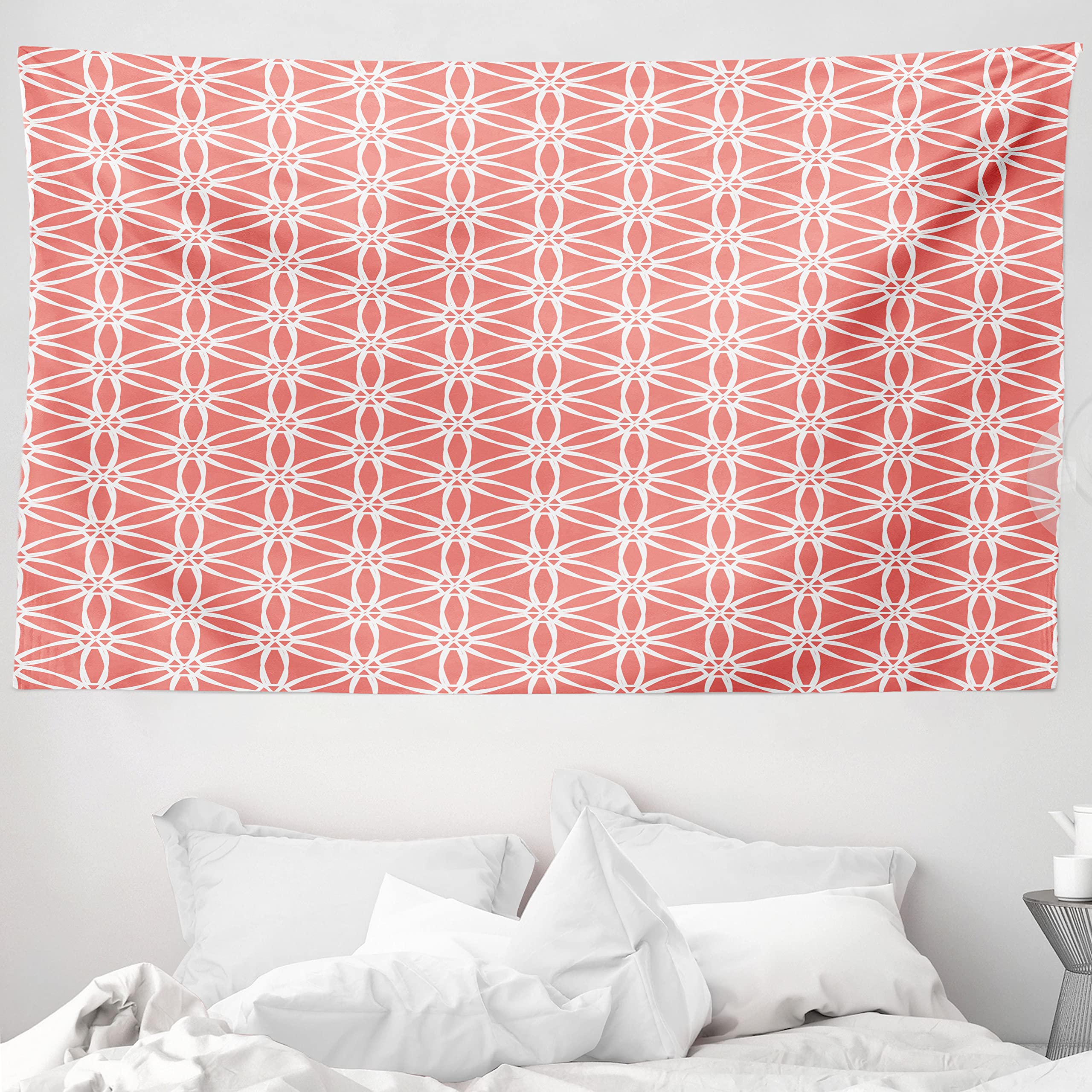 ABAKUHAUS Coral Tapestry, Cool Simplistic Linear Sunflower Tied Bound Crochet Damask Floral Lace Tiles Motif, Fabric Wall Hanging Decor for Bedroom Living Room Dorm, 230 x 140 cm, Coral White