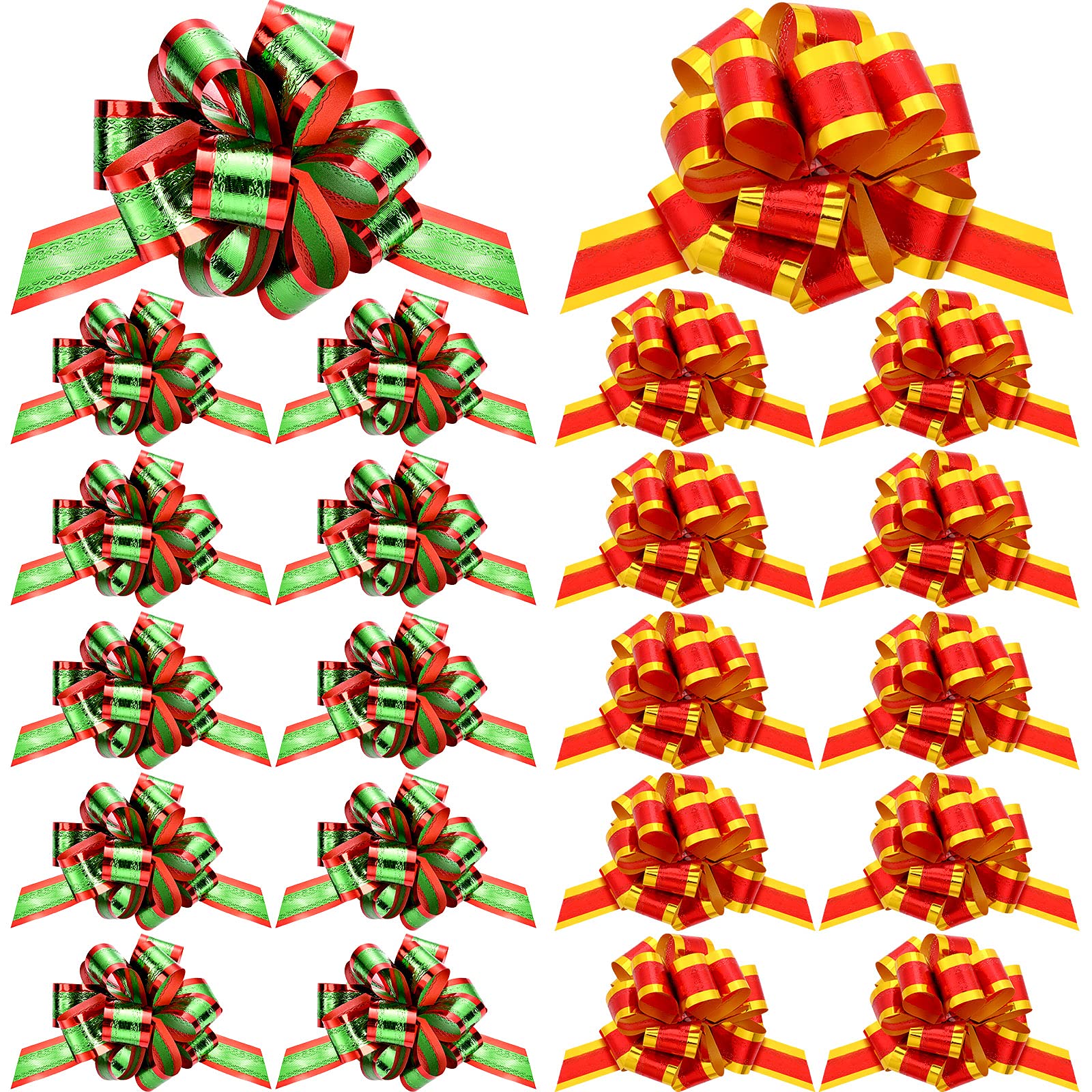 20 Pieces Christmas Pull Bows 5 Inch Xmas Bows with Ribbons for Gifts Birthday Wedding New Year Party Ornament(Green with Red Edge, Red with Yellow Edge)