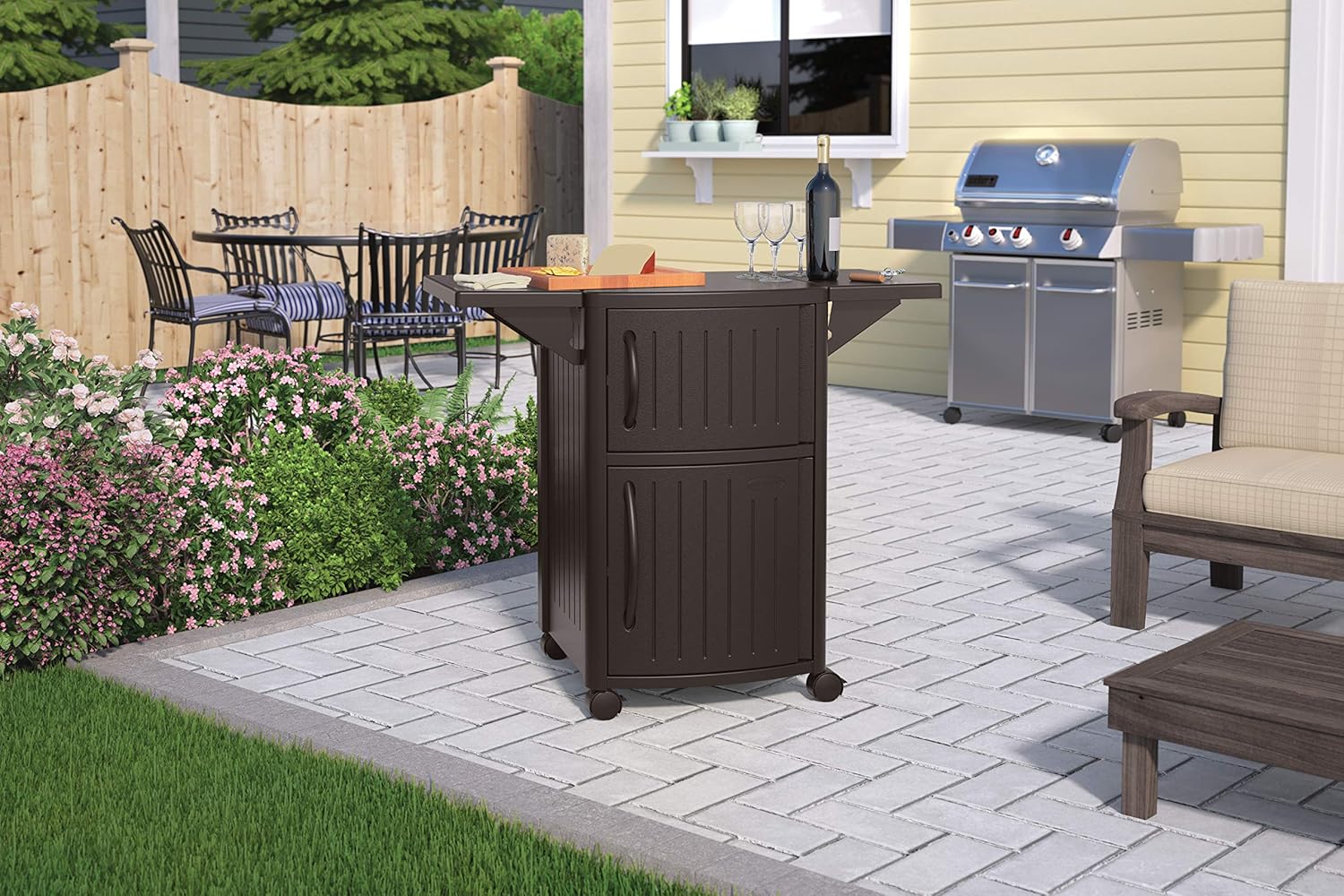Suncast Outdoor Grilling Prep Station - Portable Outdoor BBQ Entertainment Storage Table Prep Station - Store Grilling Accessories, Condiments - Java: Garden & Outdoor