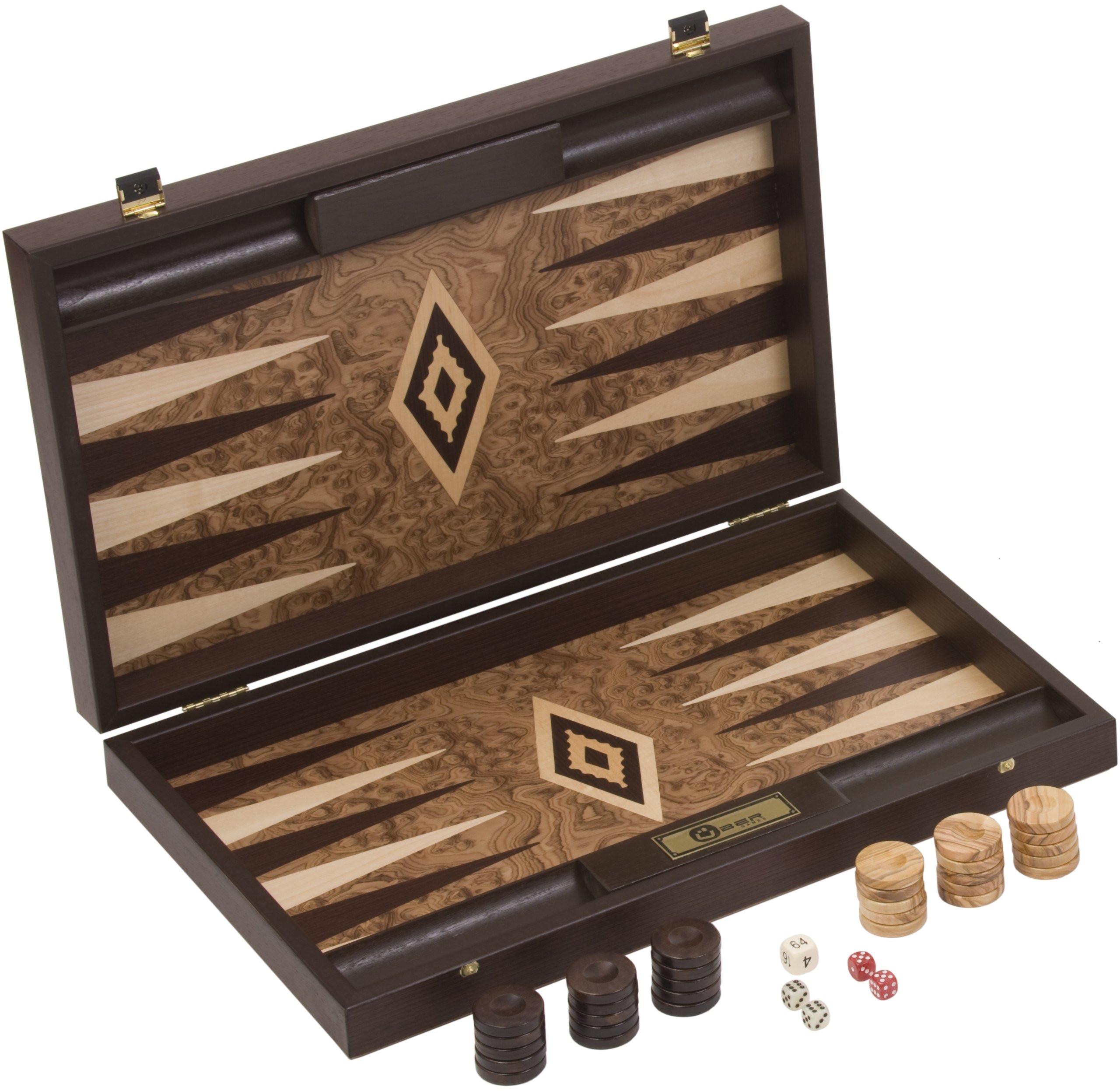 Uber Walnut Burl Backgammon Set - Quality Walnut Burl Backgammon Boards with natural pattern and knotting detail. 47.5cm x 60cm x 3.75cm when open. Made in Greece
