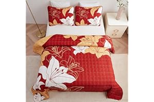 Bedmoon Gold Floral Quilt Full/Queen, Lightweight Reversible Quilt Bedding Set, 3 Pieces Soft Bedspread, All Seasons Microfiber Coverlet Queen Size（Lily Flower）