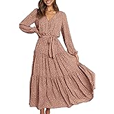 PRETTYGARDEN Womens Spring Long Sleeve Wrap V Neck Ruffle Floral Maxi Dress Casual Tie Waist Boho Chiffon Flowy Long Dresses