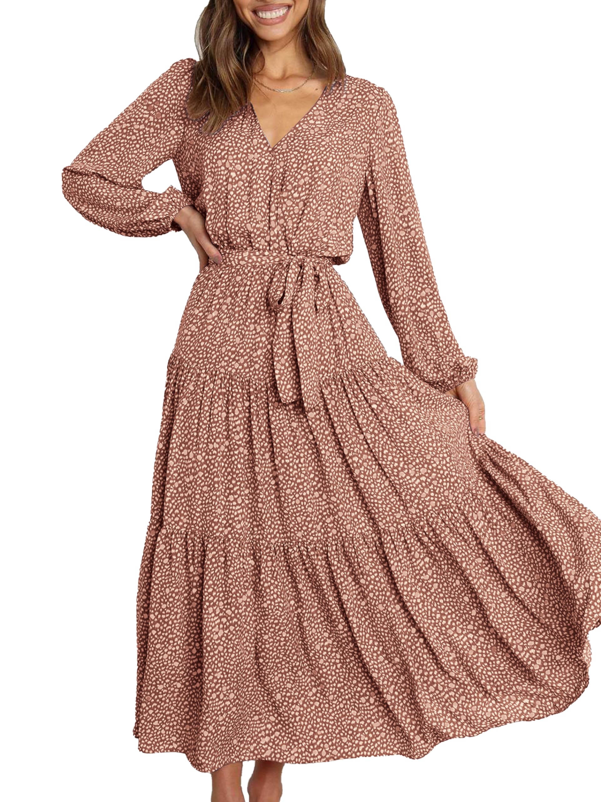 Photo 1 of PRETTYGARDEN Women's 2025 Long Sleeve Wrap V Neck Floral Ruffle Tiered Maxi Dress Boho Chiffon Flowy Long Dresses with Belt(Khaki,Large)