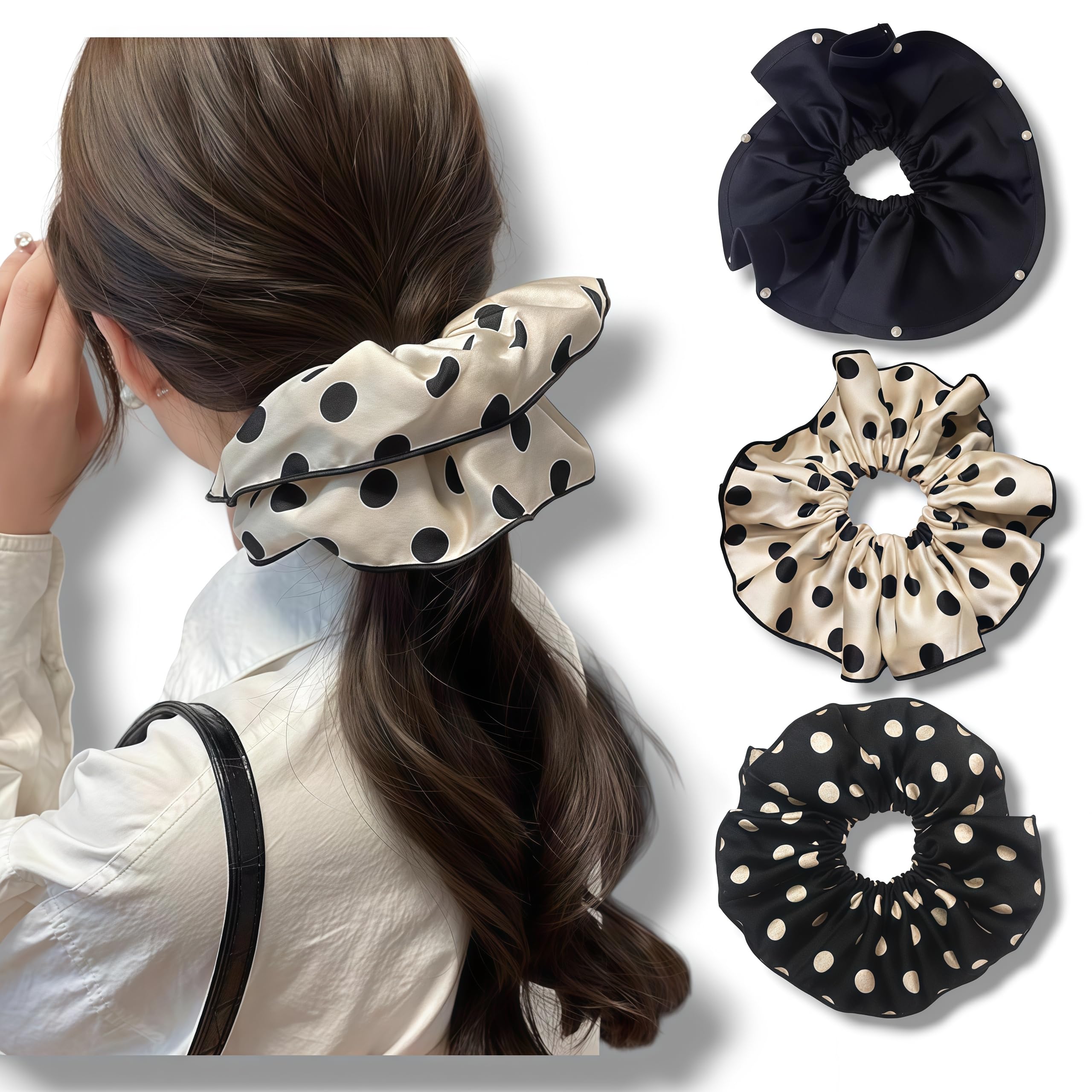3PCS Satin Hair Scrunchies For Women: Vintage Chic Accessories for 50s Outfits – Soft, No-Damage Silk Hair Ties Bands with Pearl and Polka Dot Designs