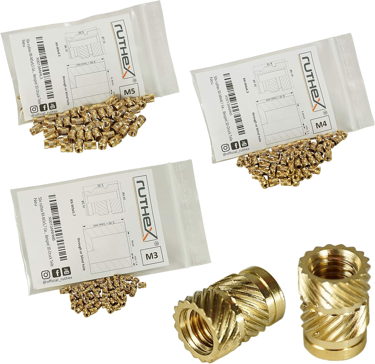 ruthex® threaded insert M3/M4/M5 Bundle (each 50 pieces) Brass