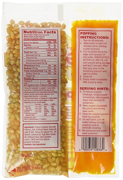 GOLD MEDAL POPCORN KIT COCONUT, 8OZ KIT FOR 6 OZ POPPER, 36 COUNT
