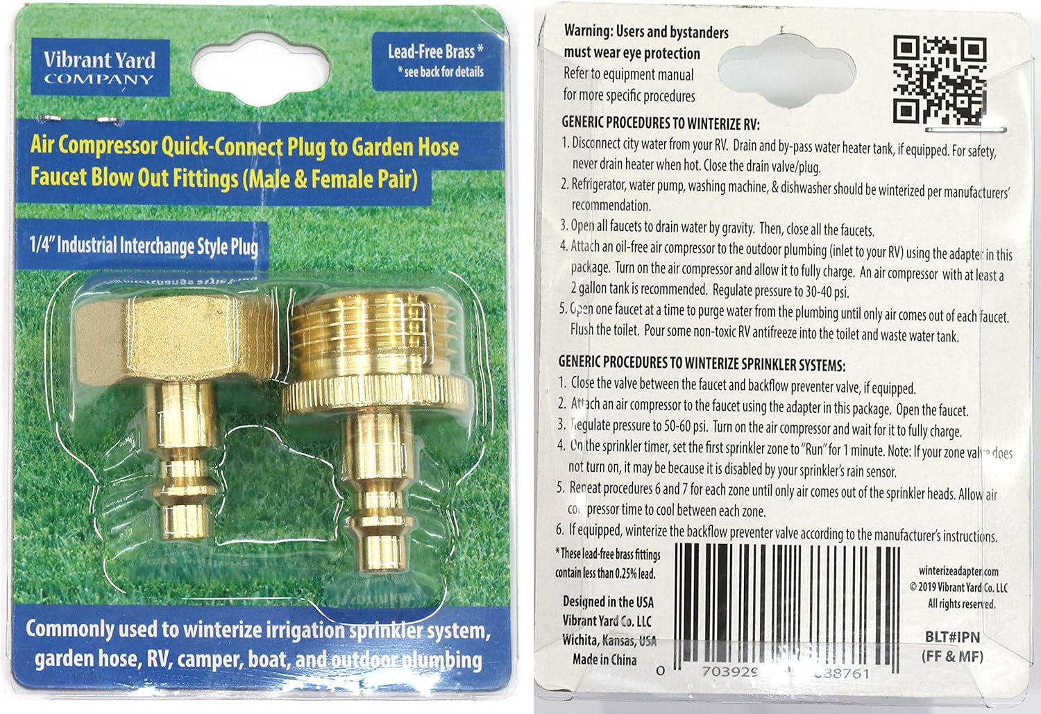 Water Blowout Quick Connect Plug Fittings for Air Compressor, Winterize Kit for RV, Camper, Outdoor Plumbing, Garden Hose, and Sprinkler Systems (One Pair) - - 