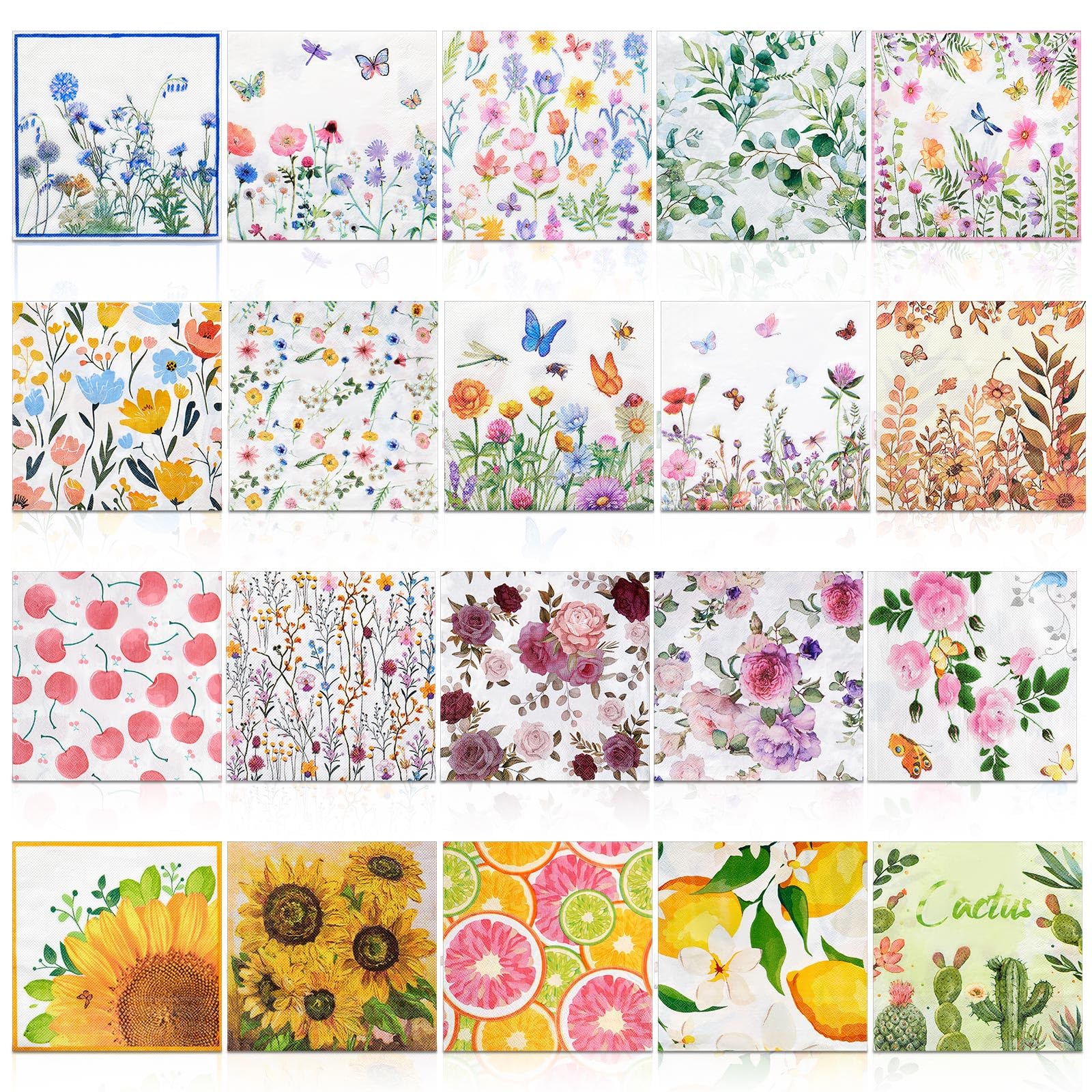 Crtiin 20 Pack Decoupage Napkins Floral Napkins Flower Cocktail Paper Decorative Toilet for Valentine's Day Birthday Party Beautiful Gorgeous, 20 Styles Each 6.5 Inches(Style 8)