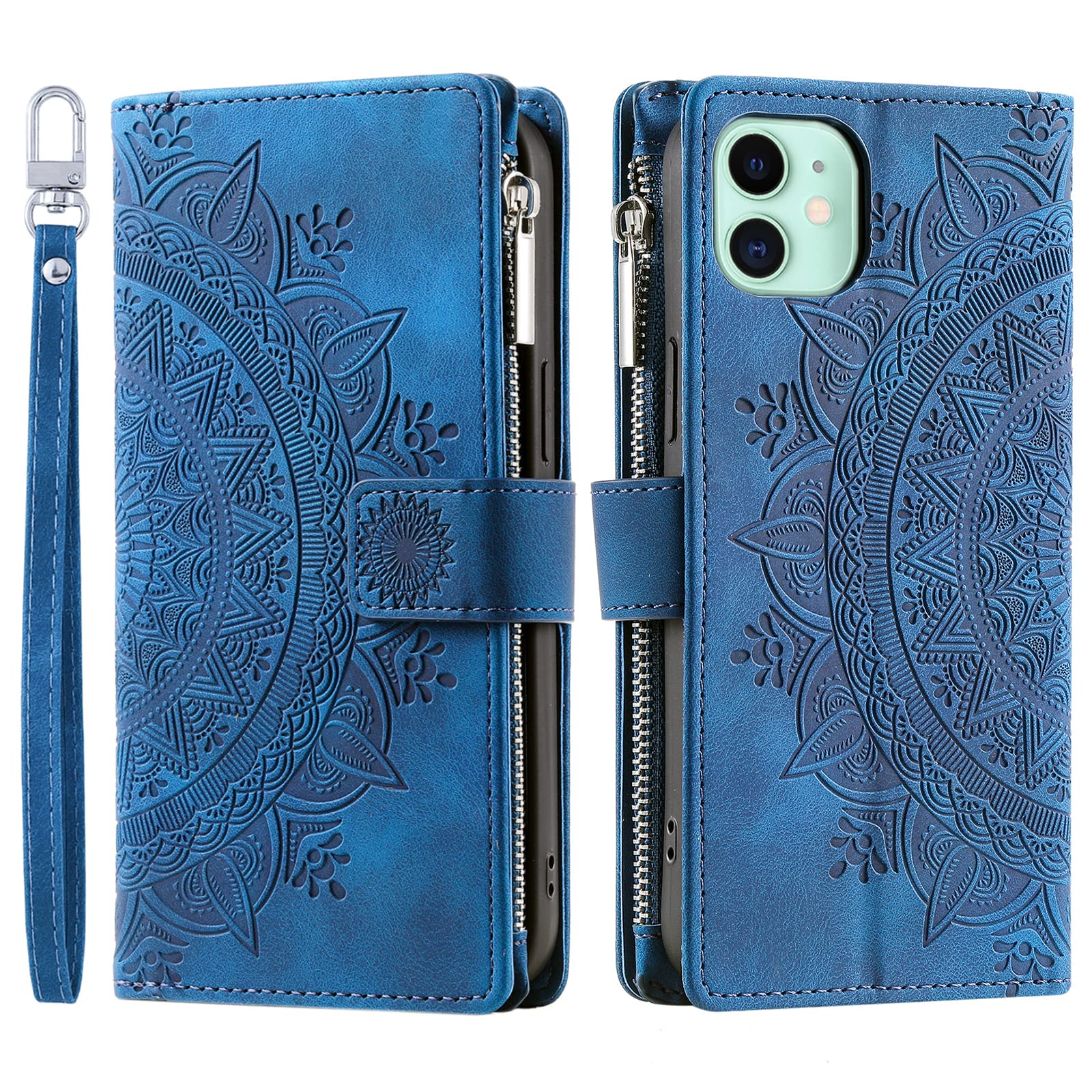 VEEMOS Wallet Case for iPhone 11 Flower Flip Case Protective Leather Folio Book Phone Cover with Card Slots Kickstand Zipper Pocket - Blue