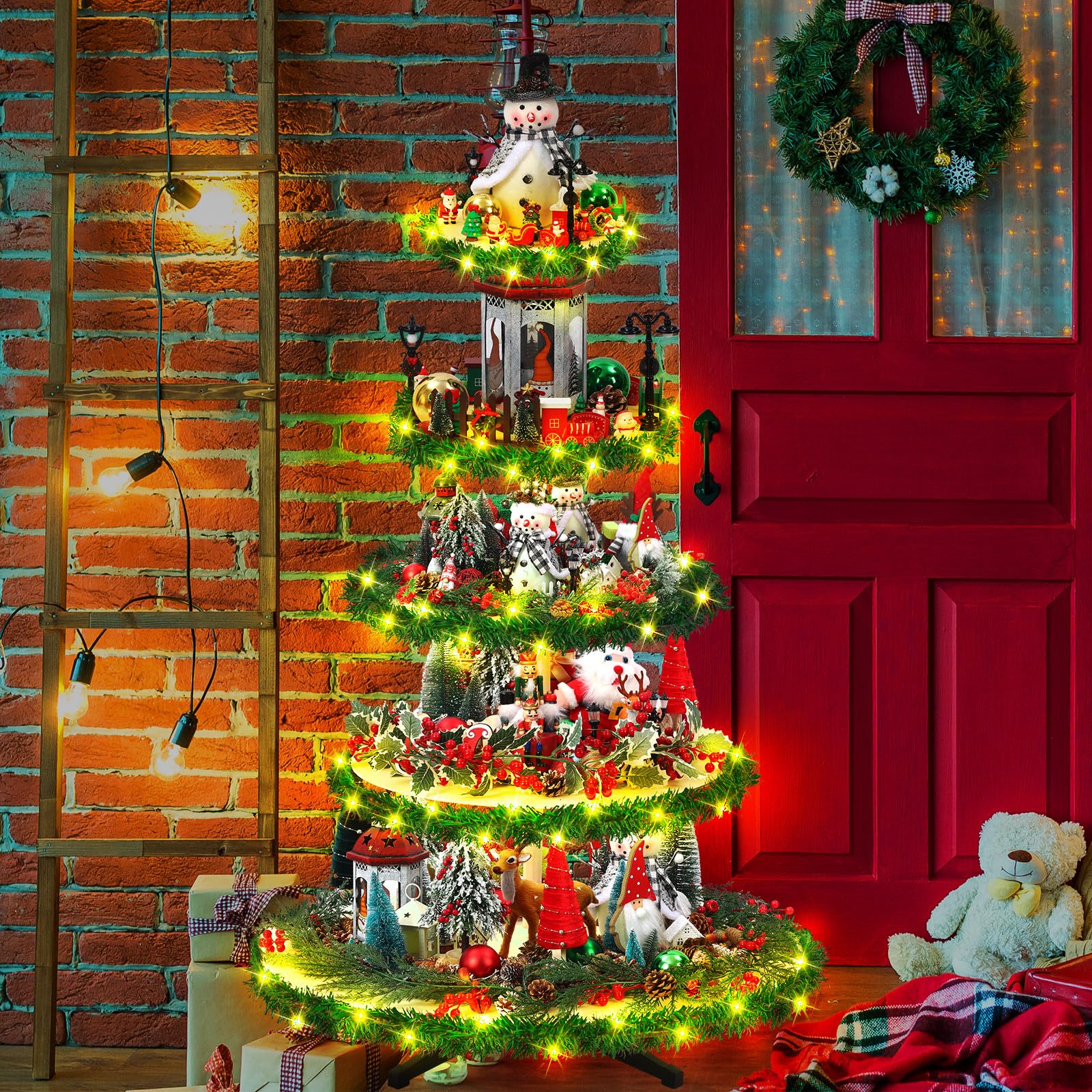 Photo 1 of Thyle 5 Tier 59 Inch Electric Self Rotating Christmas Tree Village Display Shelves Christmas Tree Bookshelf Display with LED String and Garland Rotating Xmas Tree Wooden Stand for Holiday Display
