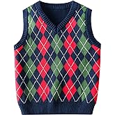 Boys Sweater Vest V Neck Argyle Sleeveless Uniform Knit Plaid Kids Clothes