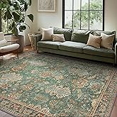 Bavni Washable Area Rugs 8x10 Green Boho Rug Tumble Vintage Large Carpet for Living Room Bedroom Dining Room, Non Slip Thin Low Pile Chenille, Dark Sage/Gold