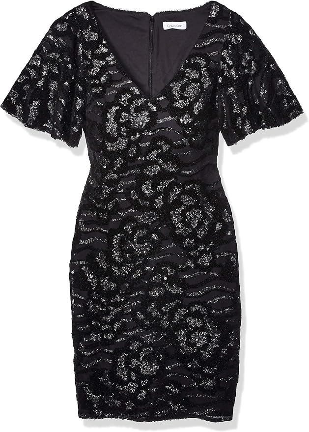 calvin klein flutter cape sleeve v back sheath dress