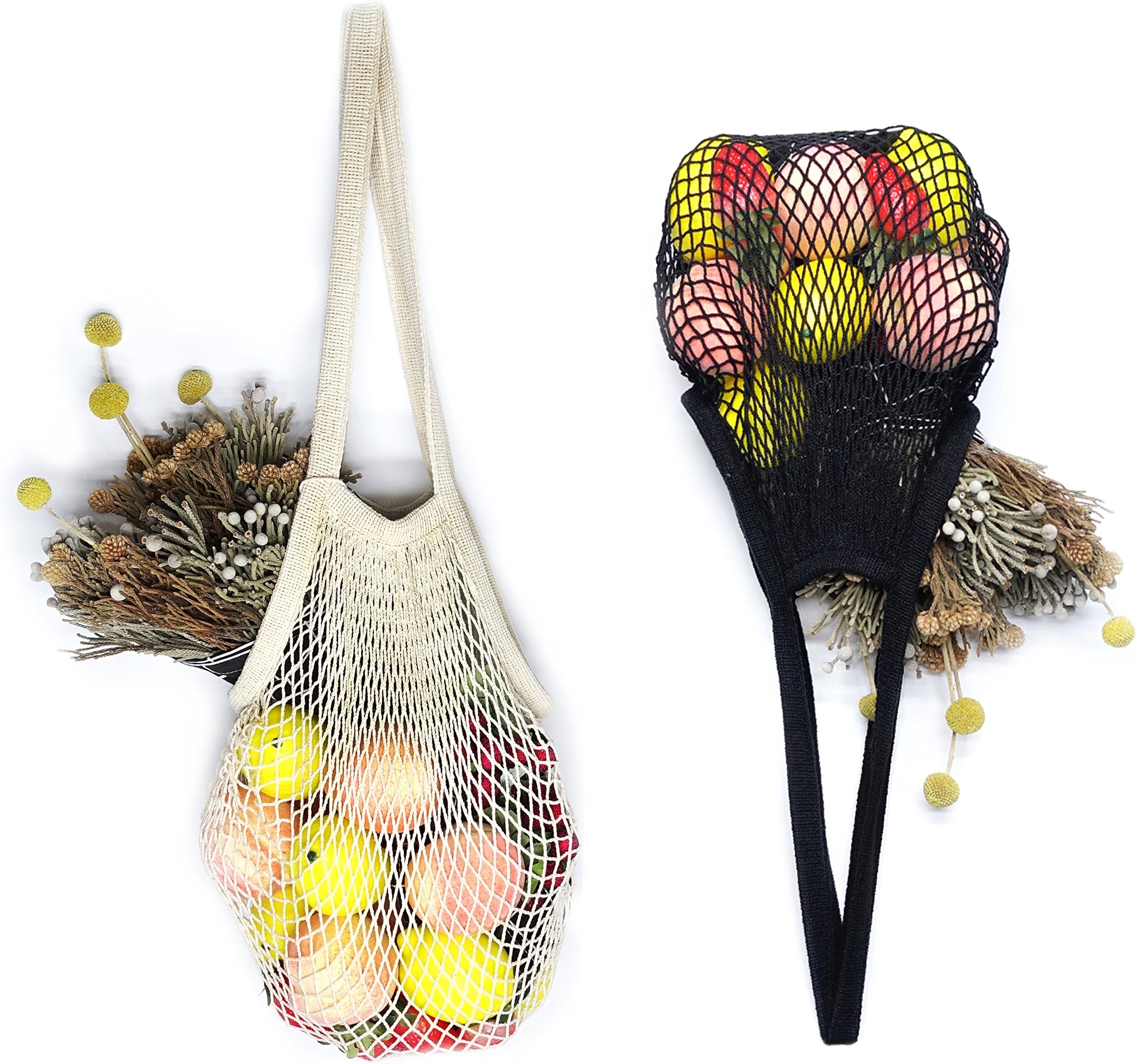 Tidawave Net Shopping Bag Cotton Market String Reusable Net Shopping Tote with Long Handles Washable Mesh Fruit Vegetable Pack of 2 (Natural + Black)