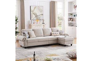 Pingliang Home Sectional Sofa Couch, 4-Seat L Shaped Couch with Ottoman and Wooden Legs, Modern Microfiber Fabric Couches for Living Room, Apartment, Office, Beige