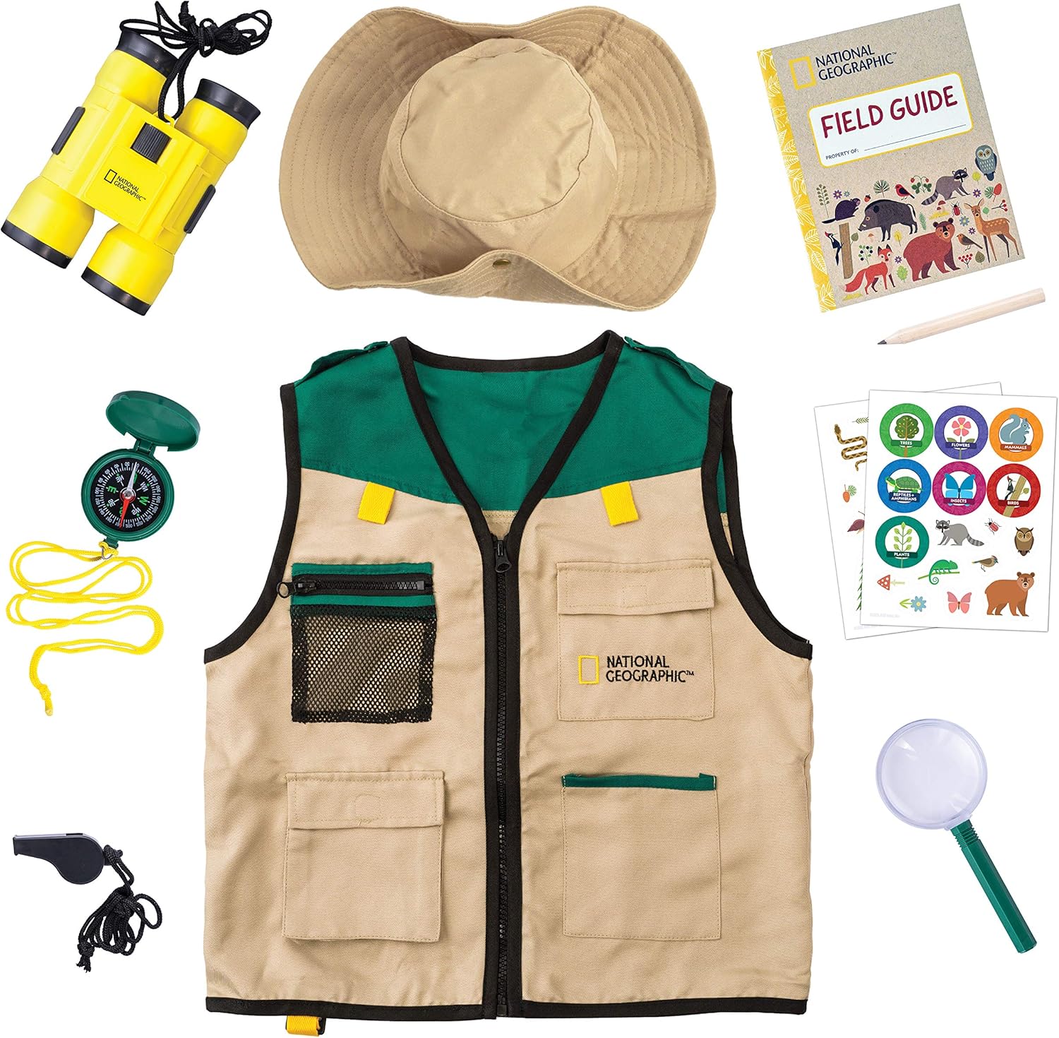 NATIONAL GEOGRAPHIC Backyard Safari Costume - Outdoor Explorer Set for Kids with Safari Vest, Hat, Kids Binoculars, Magnifying Glass for Kids, Journal & Stickers, Outdoor Toys for Boys and Girls: Toys & Games