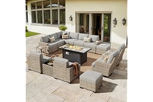 HOOOWOOO Outdoor Sectional Patio Furniture Set with Fire Pit Table,15 Pieces Wicker Conversation Sets L Shaped Couch,Extra Deep Out Door Sofa Outside Furniture with Swivel Chairs Ottoman,Charcoal Gray